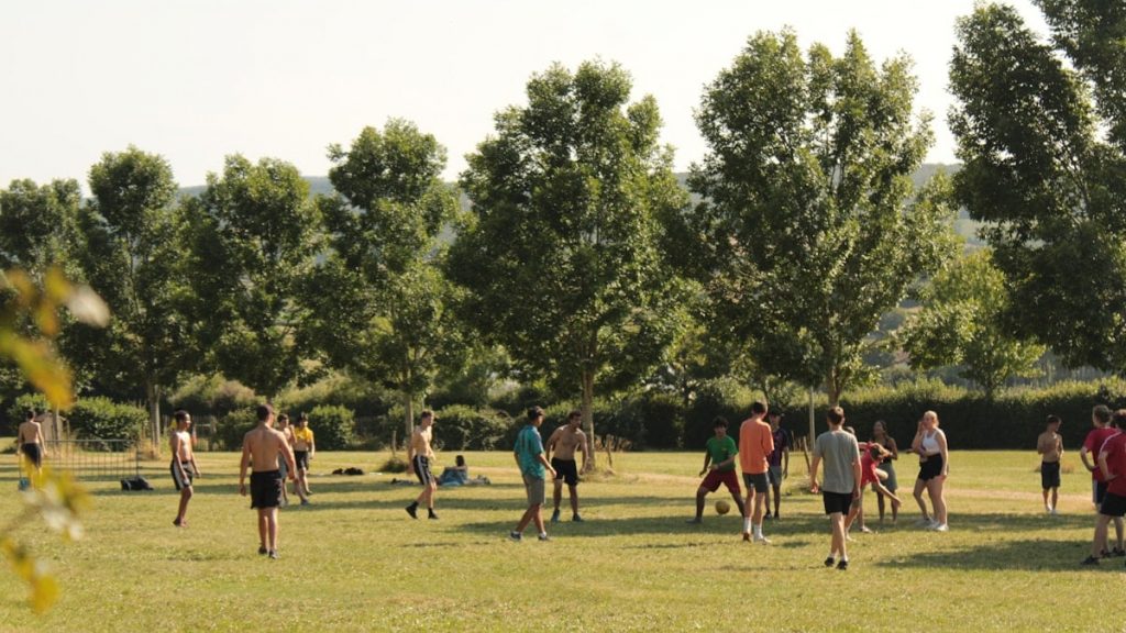 a group of people standing on top of a lush green field