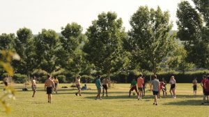 a group of people standing on top of a lush green field